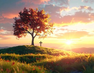 Idyllic hilltop with a vibrant tree & cross silhouetted against a warm sunset. Long shadows stretch across a grassy field. Bright, serene