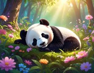 A cute panda rests peacefully amid colorful wildflowers in a sunny forest clearing, bathed in warm, dappled light