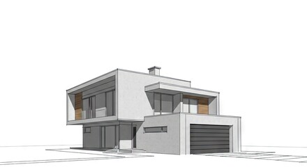 A modern twostory house with a flat roof large windows and a garage is rendered in a minimalist architectural style