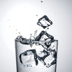 Ice cubes dropping into a glass of water, creating splashes