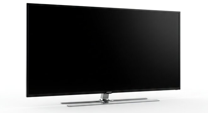 A sleek flatscreen television stands on a metal stand against a white background