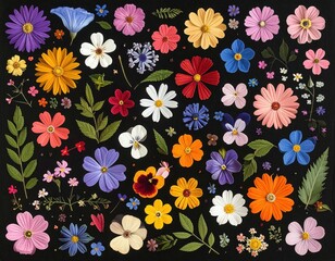 Floral collage on black, featuring diverse blossoms, colorful petals, delicate leaves, and a visually appealing, symmetrical, scattered arrangement