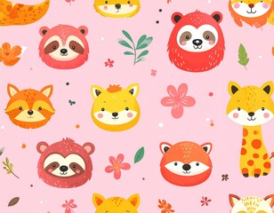 Repeating pattern of cute cartoon animal faces with flowers and leaves, on a pink background, creating a whimsical, friendly design