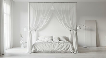 A white bedroom features a canopy bed with sheer curtains and minimalist decor