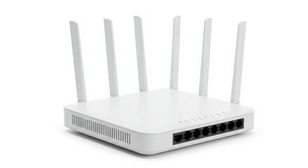A white wifi router with six antennas on a white background