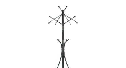 Fototapeta premium A chrome coat rack stands centered against a white backdrop featuring curved arms for hanging items