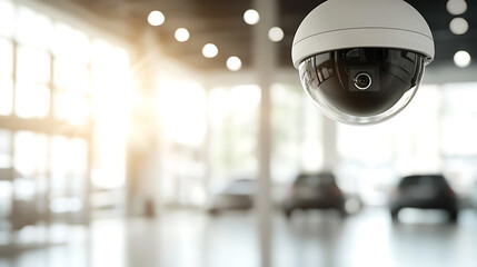 Security camera in a modern, bright car dealership, ensuring safety and monitoring sales activities. Lights and car silhouettes visible through the glass.