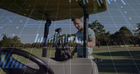 Parking cart, golfer unstrapping bag and inspecting club with golf data overlays aligning swing - Powered by Adobe