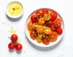 Plate with halved vibrant, colorful cherry tomatoes bathed in oil, beside a small dish of golden oil, all on a crisp white background