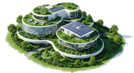 A circular ecofriendly building complex with green roofs and solar panels surrounded by lush landscaping