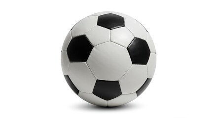 A soccer ball with black and white pentagonal patches sits on a white background casting a slight shadow