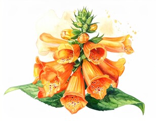 Watercolor art showcasing the vibrant, apricot foxglove with speckled interiors against a creamy, subtle wash background and realistic green leaves