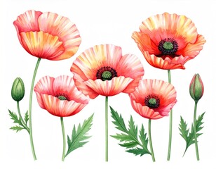 Watercolor painting of several vibrant red and yellow poppy flowers with green stems and leaves on a stark white background