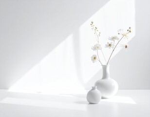 Two white vases, one with delicate white flowers, sit in stark light creating abstract shadows against a bright white wall