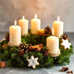 Christmas Advent wreath with lit candles