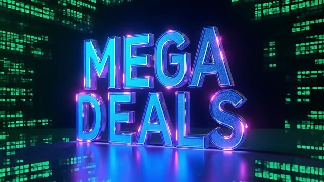 Bold, glowing "MEGA DEALS" text illuminated with vibrant neon lights, set against a futuristic digital background.