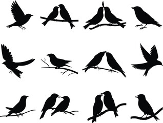 Bird silhouette, flying bird, perched bird, love birds, nature wildlife, branch sitting birds, animal vector art, cad drawing flat vector illustration
