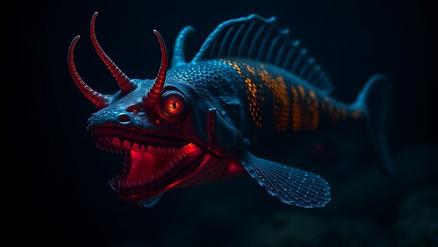 A deep-sea chimaera glowing with bioluminescent forehead lights in the dark ocean abyss.
