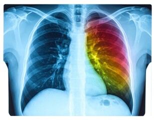 Human chest X-ray highlighting the lungs, with a colored overlay showing a potential area of concern in one lung