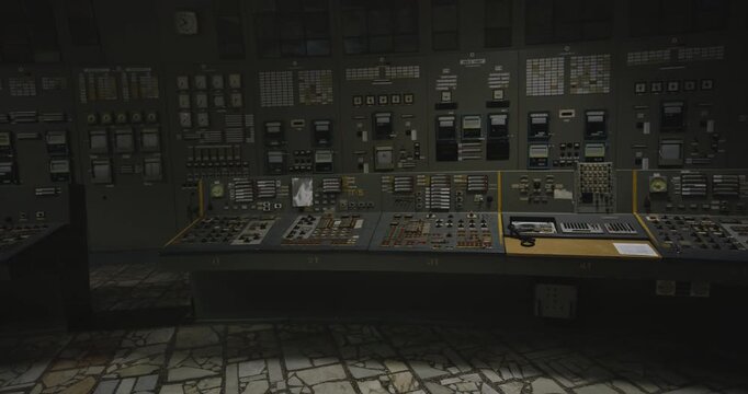 Reactor Control Room In Chernobyl Nuclear Power Plant In Pripyat, Ukraine - Panning Shot