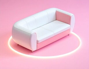 Stylish white & pink couch on a pink background, encircled by a glowing yellow light ring, creating a minimal, clean, modern aesthetic