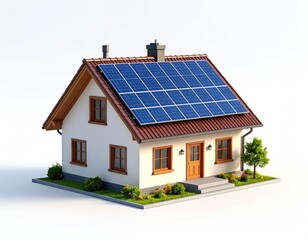 A charming cream-colored house with a terracotta roof and solar panels sits on a green patch, warmly lit against a plain background