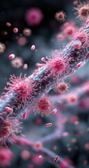 Microscopic view of a cellular structure with numerous viruses and bacteria.  Small, pink, and light purple organisms cluster around a thin, light blue/gray filament. 