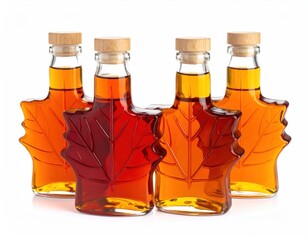 Four glass bottles shaped like maple leaves filled with amber-colored syrup, topped with corks, isolated on a clean white background