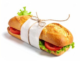 Fresh baguette sandwich, wrapped in white paper and tied with twine, filled with lettuce and tomato, isolated on a bright white backdrop