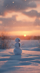 Fototapeta premium Winter wonderland scene snowy field snowman sunset landscape tranquil atmosphere