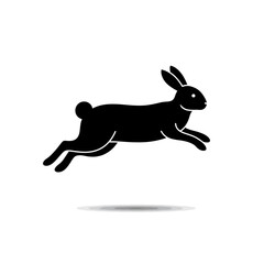 Black silhouette of a rabbit in a running pose focused on the animals form and action simple design ideal for logo or icon suitable for use in various contexts.