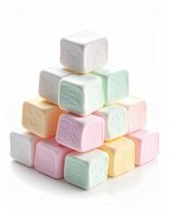 Pastel-colored cubic marshmallows arranged in a pyramid on a white background, casting a subtle shadow
