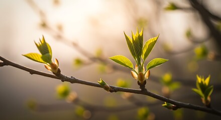 Young branch with fresh green leaves, soft pastel sky, morning sunlight, dreamy natural bokeh, high-resolution photography