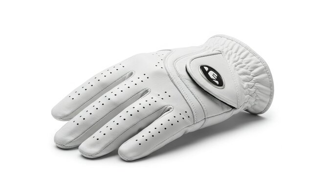 A white golf glove with ventilation holes rests on a white surface displaying a logo on its wrist - Powered by Adobe
