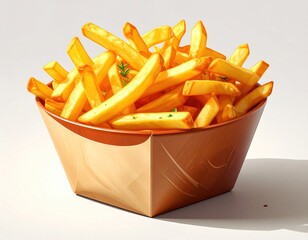 A square wooden bowl overflowing with golden, crispy french fries against a bright, neutral background, casting a soft shadow