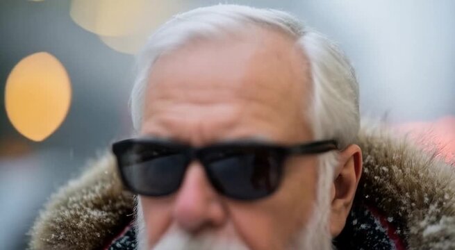 Bearded man braving winter weather in fur-trimmed parka and sunglasses against urban snowy backdrop, showcasing resilience and determination