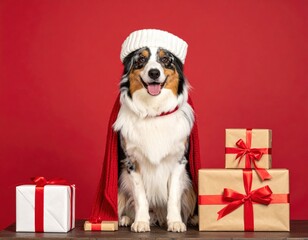 A cheerful tricolor dog, dressed in a winter hat and draped with a red shawl, sits next to festive gifts against a red background