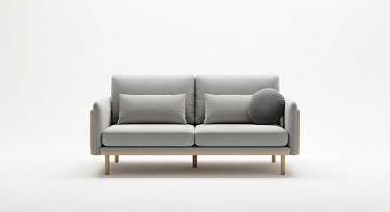 Fototapeta premium A gray sofa with a wooden frame featuring rectangular and round cushions sits against a white backdrop