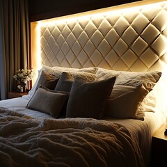 A luxurious bedroom features a plush bed with a diamondpatterned headboard and soft lighting, creating a cozy and inviting space