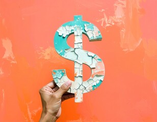 Hand holds a weathered, cracked turquoise dollar sign against a textured orange backdrop, symbolizing economic hardship/wear