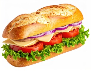 Long sandwich with lettuce, tomato, cheese, red onion, and meat on a baguette roll, isolated on a white background