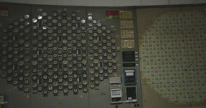 Chernobyl Power Plant Control Room Wall Indicators In Pripyat, Ukraine - Panning Shot