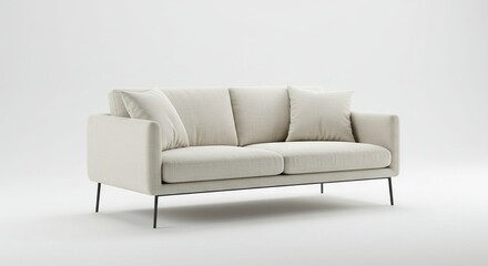 Fototapeta premium A light beige twoseat sofa rests in a bright white minimalist space Its clean lines and slim dark legs add a modern touch