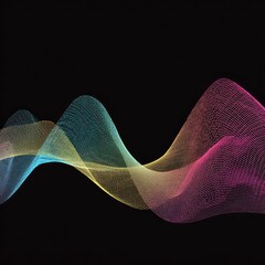 Abstract wave design with gradient colors on a black background.  A series of flowing, interconnected lines create a wavy pattern.  