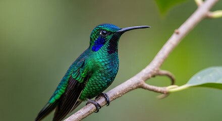 Fototapeta premium Emerald hummingbird perched on a delicate tree branch in natural habitat