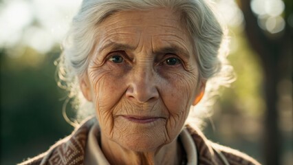 A close-up portrait of an elderly woman with weathered skin and a gentle expression, set against a soft, blurred background of natural greenery.