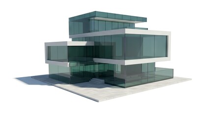 A modern multilevel building with glass walls and a flat roof set on a stone tile platform casting a shadow