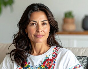 A serene dark-haired woman in colorful embroidered top, soft light, focused facial expression. Behind is a blurred home setting