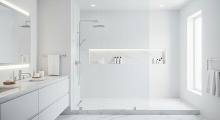 Bright allwhite bathroom interior with marble floor vanity and shower with marblelined niches