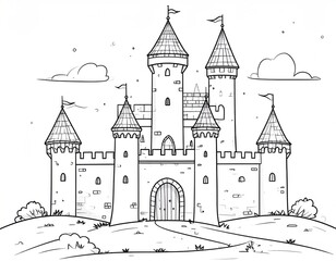 Obraz premium Outlined drawing features a fantasy castle, complete with turrets, flags, arched gate, and simple ground with grassy hills, plus cloud accents